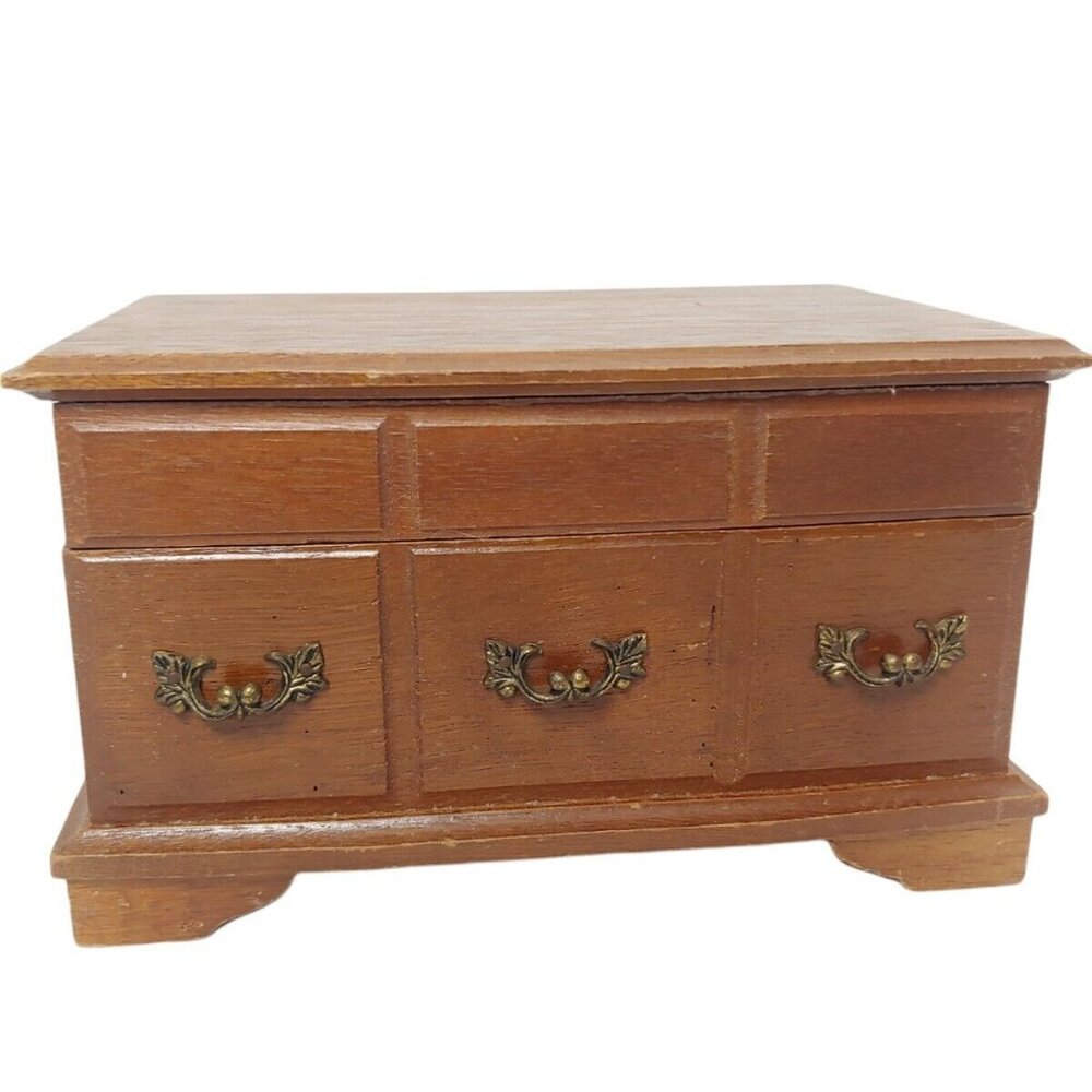 Vintage Wooden Jewelry Music Box Mirror 2 Level Corduroy Lined Raindrops Song